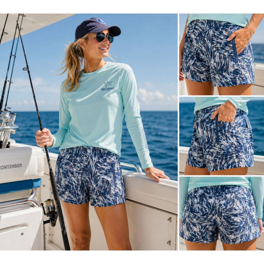 Reel Legends Performance Outfitters Blue Gray Zip Pocket Activewear Shorts S #V